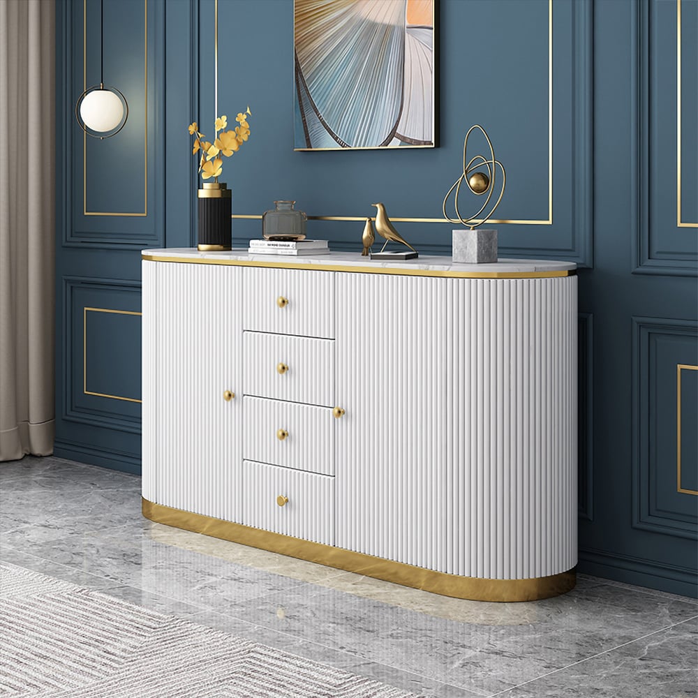 White Sideboard Buffet Marble Top Modern Sideboard with Drawers & Doors in Gold window image