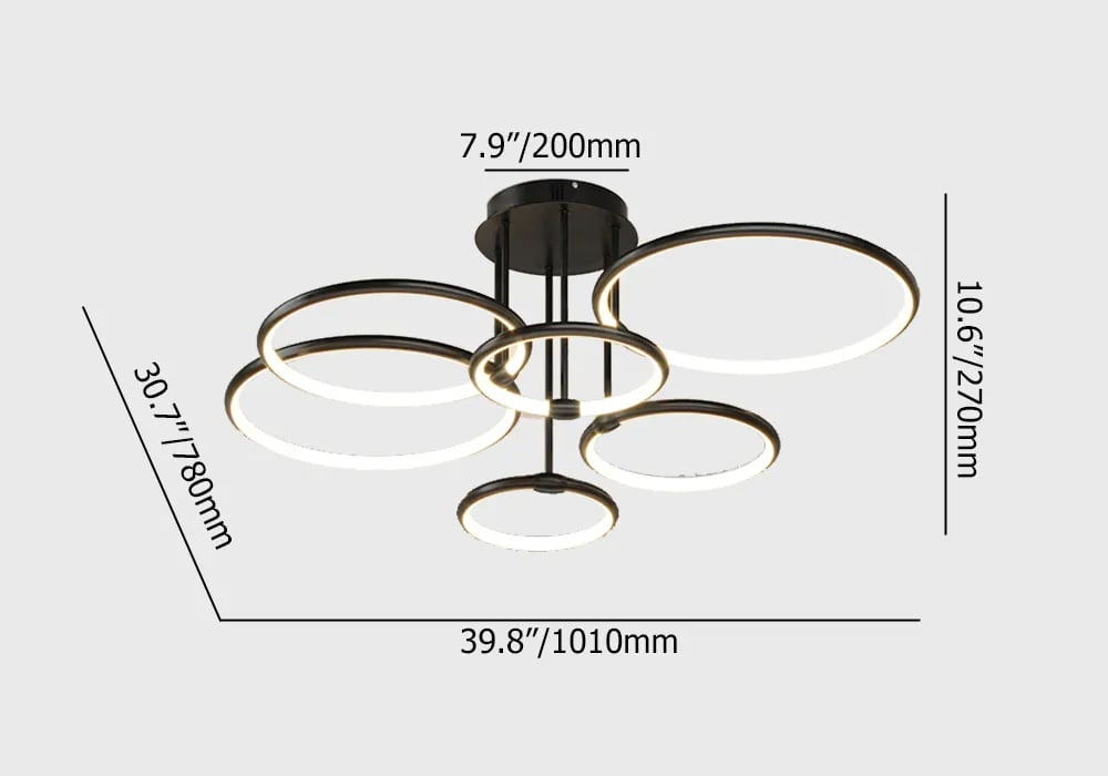 Lustre à LED en métal semi-encastré noir à 6 lumières Poids, dimensions, image