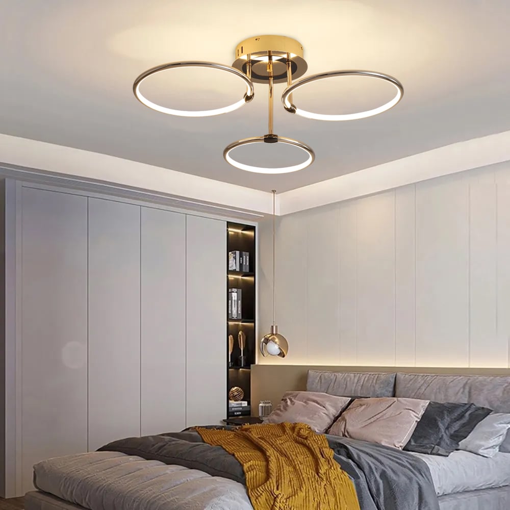 Lustre en métal moderne à 3 lumières semi-encastré à LED Gold Circle image de fenêtre