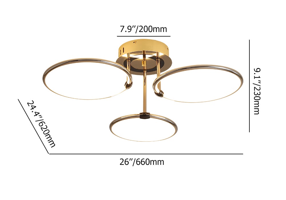 Lustre en métal moderne à 3 lumières semi-encastré à LED Gold Circle Poids, dimensions, image