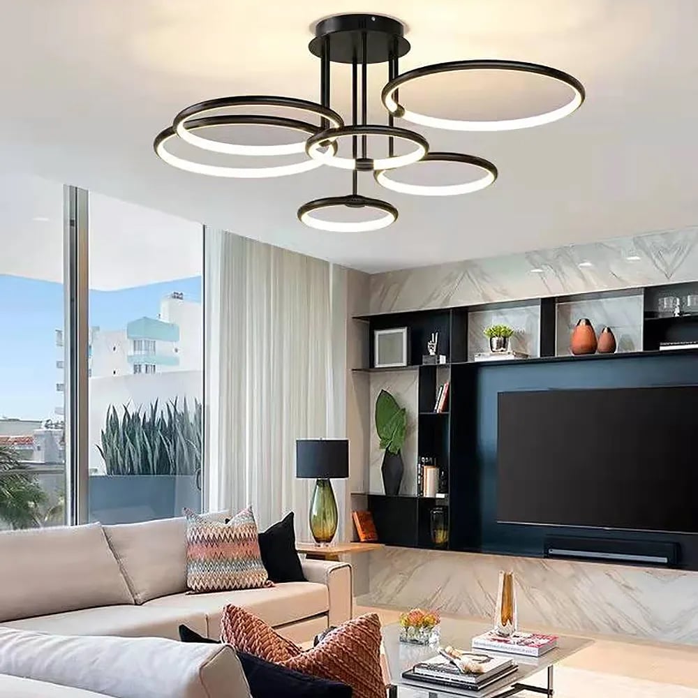 Lustre à LED en métal semi-encastré noir à 6 lumières image de fenêtre