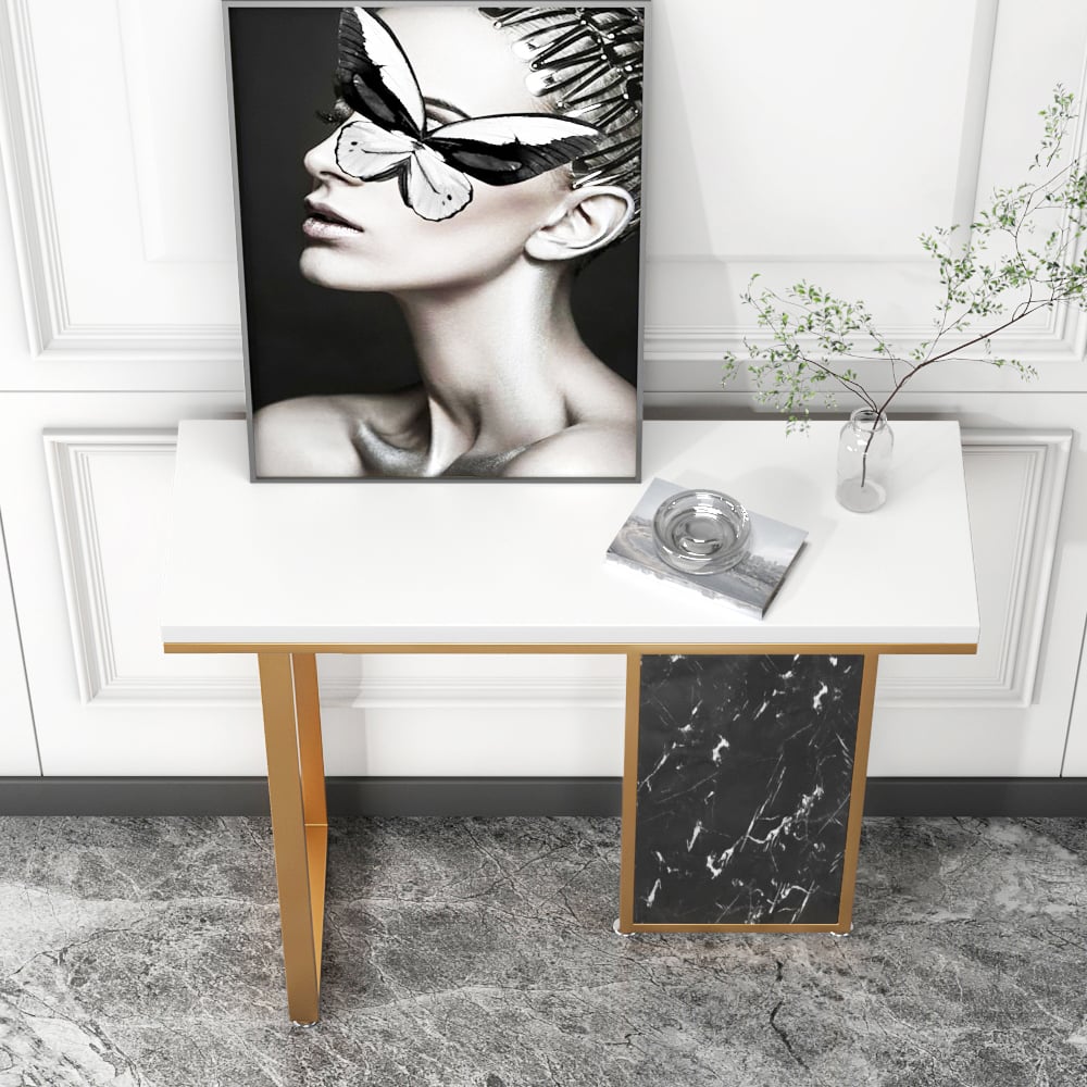 1000mm White and Black Narrow Console Table Modern with Wooden Top Hallway Table window image