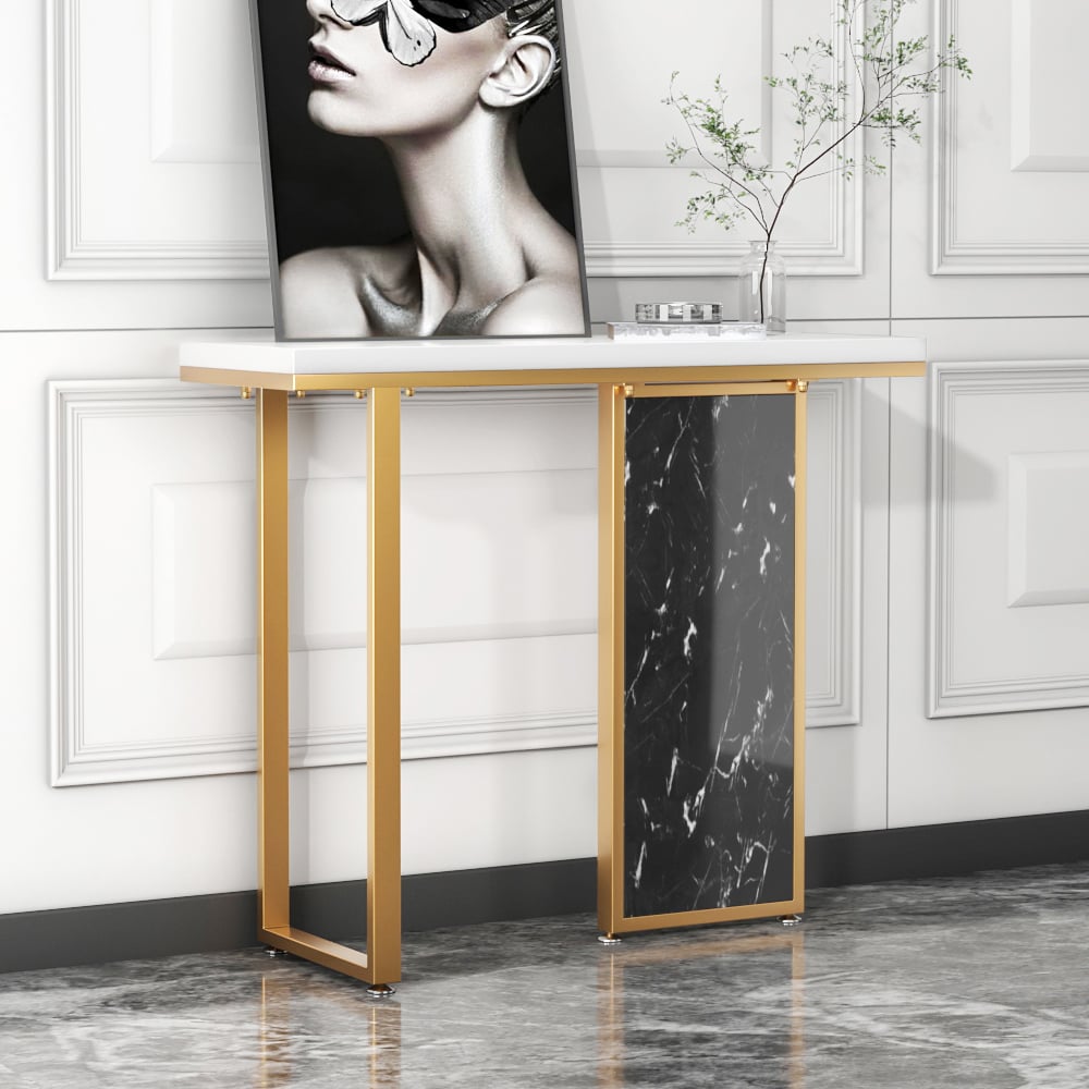 1000mm White and Black Narrow Console Table Modern with Wooden Top Hallway Table window image