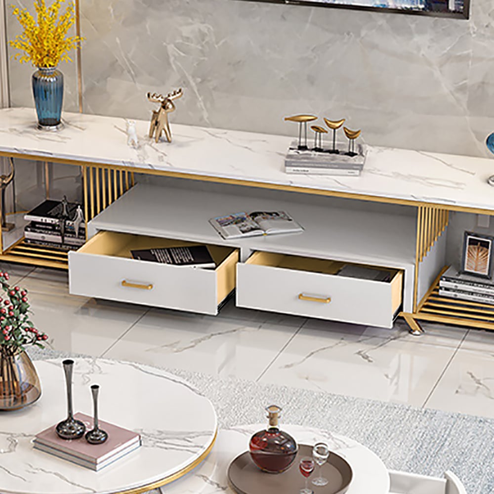 79" White TV Stand Oval Entertainment Console with Storage in Gold window image