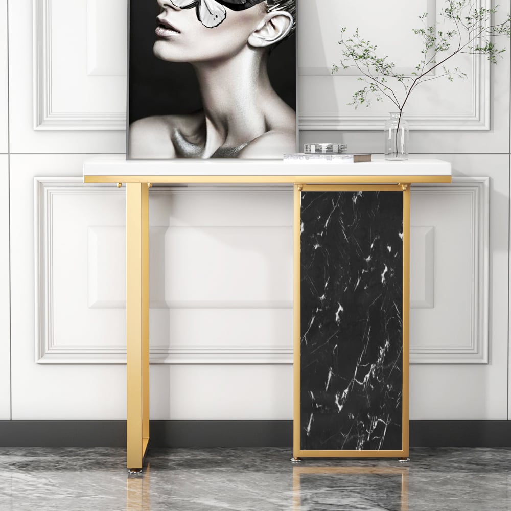 1000mm White and Black Narrow Console Table Modern with Wooden Top Hallway Table window image