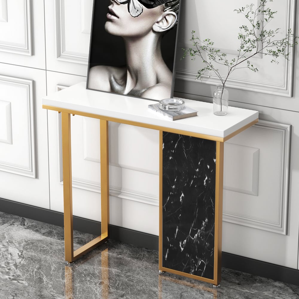 1000mm White and Black Narrow Console Table Modern with Wooden Top Hallway Table window image