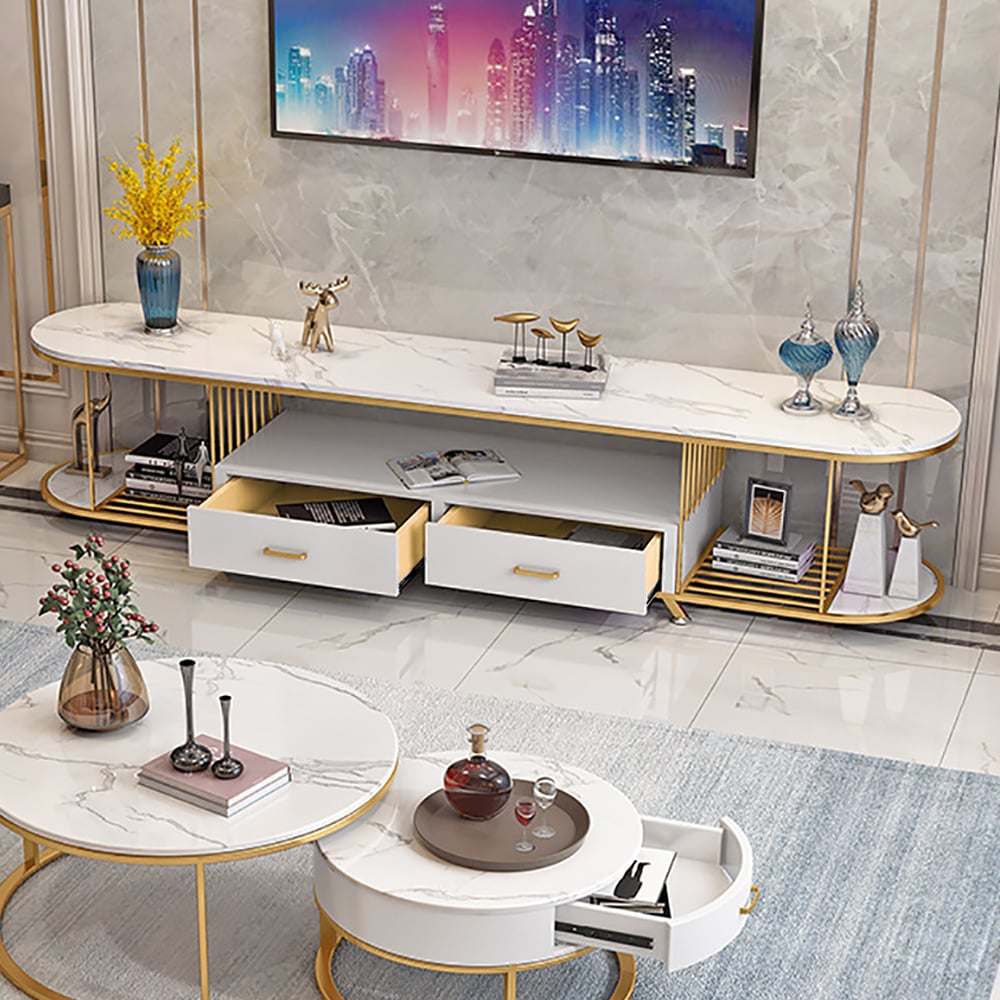 79" White TV Stand Oval Entertainment Console with Storage in Gold window image