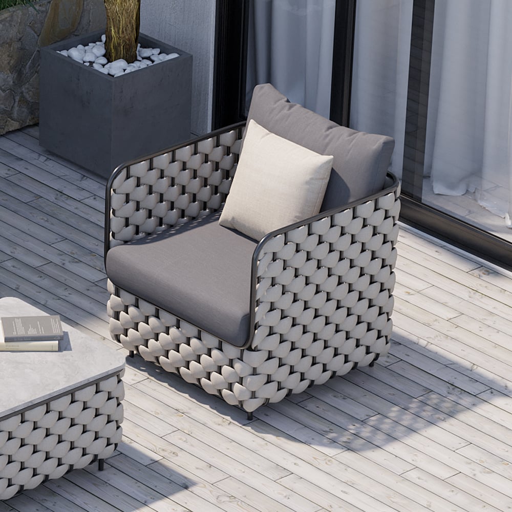Canapé de terrasse d'extérieur moderne en aluminium et corde Martic de 700 mm de large avec coussin en gris image de fenêtre
