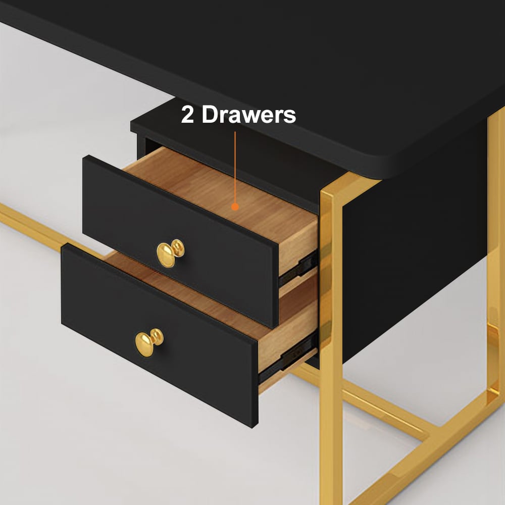 47" Black Writing Desk Modern Computer Desk with 2-Drawer in Gold