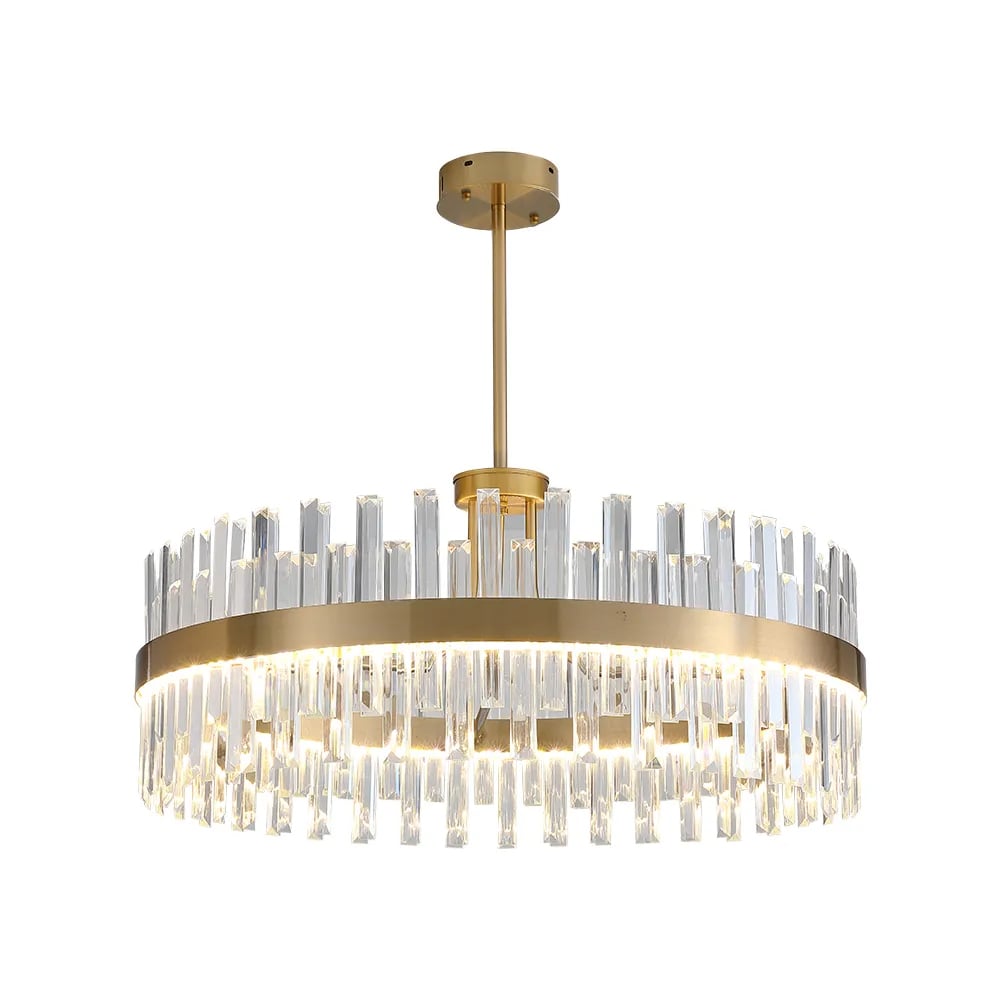 Lustre moderne à rayures en cristal avec cadre rond en laiton image de fenêtre