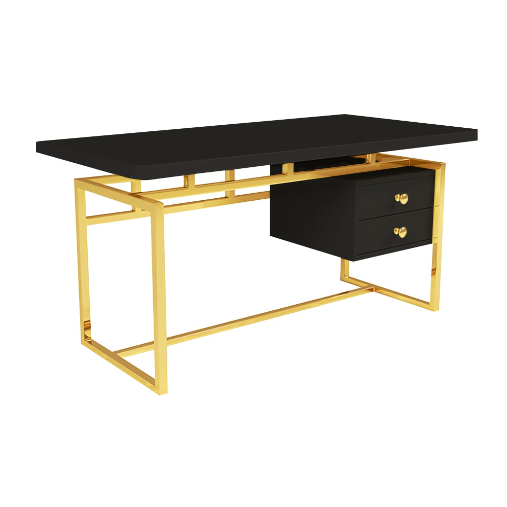 47" Black Writing Desk Modern Computer Desk with 2-Drawer in Gold