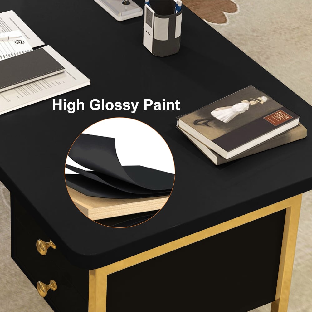 47" Black Writing Desk Modern Computer Desk with 2-Drawer in Gold
