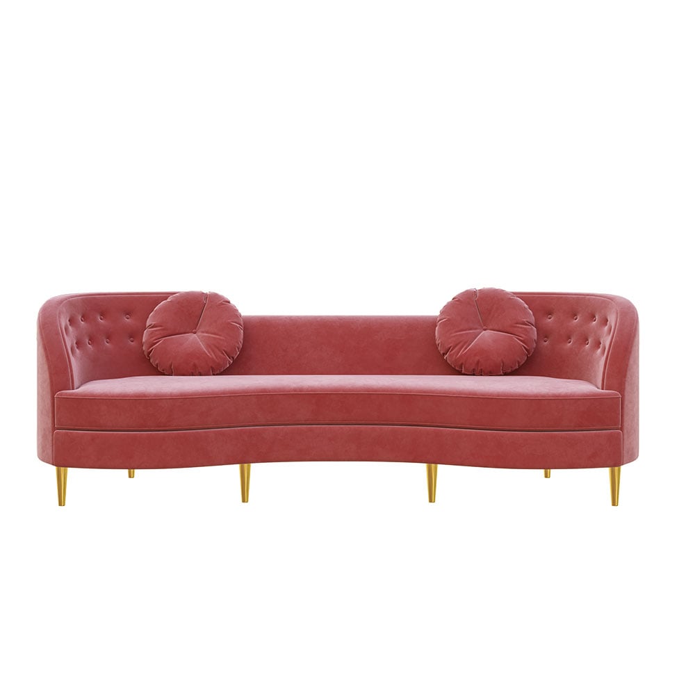 Mid-Century Modern 102" Tufted Red Velvet Upholstered 4-Seater Sofa with Gold Legs & Solid Wood Frame window image