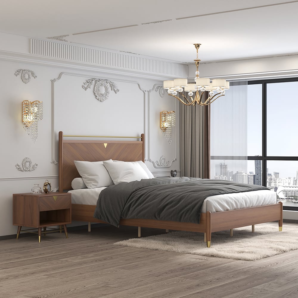 Mid Century Wooden Platform Bed Walnut Ash Wood Finished, King window image