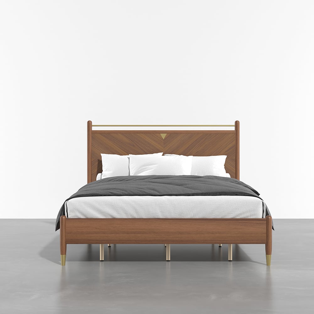 Mid Century Wooden Platform Bed Walnut Ash Wood Finished, King window image