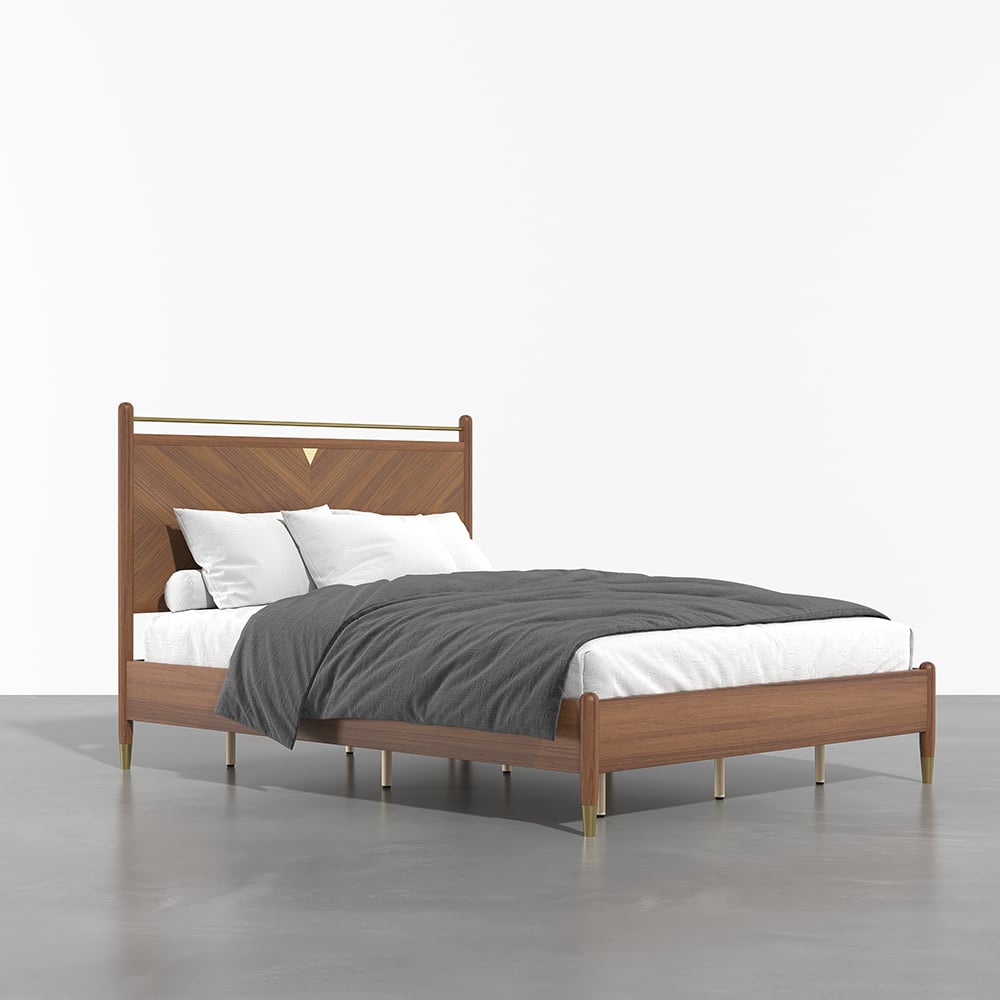 Mid Century Wooden Platform Bed Walnut Ash Wood Finished, King window image