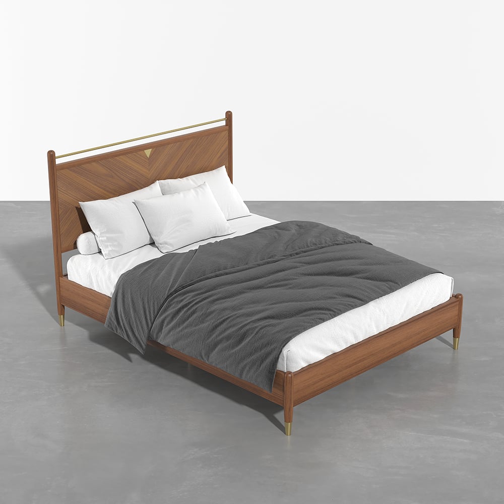 Mid Century Wooden Platform Bed Walnut Ash Wood Finished, King window image