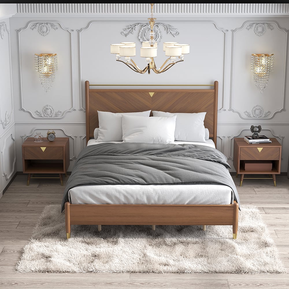 Mid Century Wooden Platform Bed Walnut Ash Wood Finished, King window image