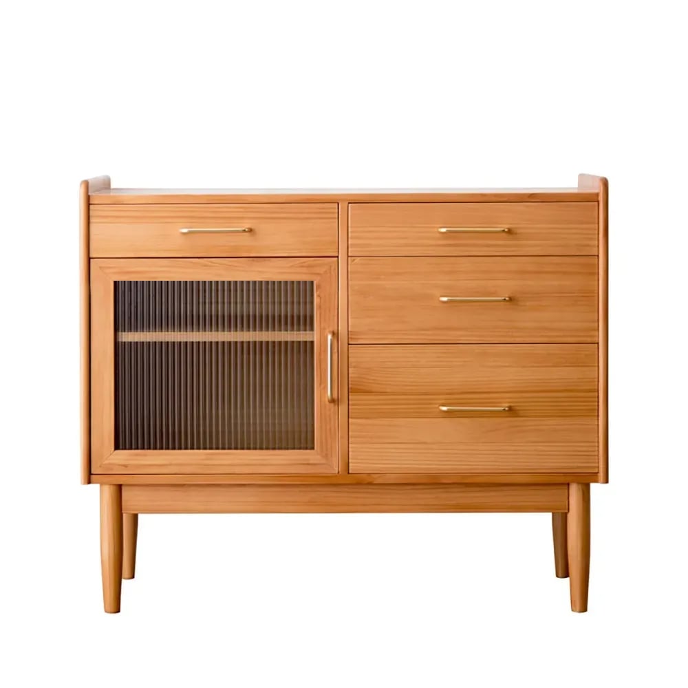 Prosy Nordic Natural Wood Dressoir met glazen deuren en 4 laden en verstelbare plank Vensterafbeelding