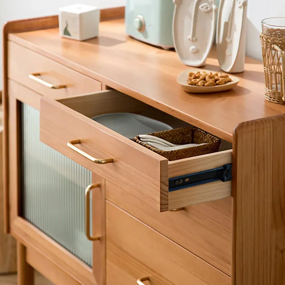 Prosy Nordic Natural Wood Dressoir met glazen deuren en 4 laden en verstelbare plank Vensterafbeelding