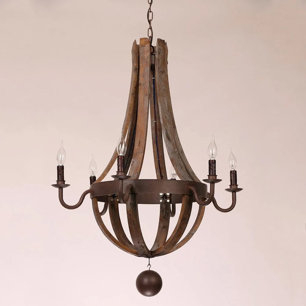 Rustic Wine Barrel Stave Reclaimed Wood & Rust Metal 6-Light Chandelier with Candle Light window image
