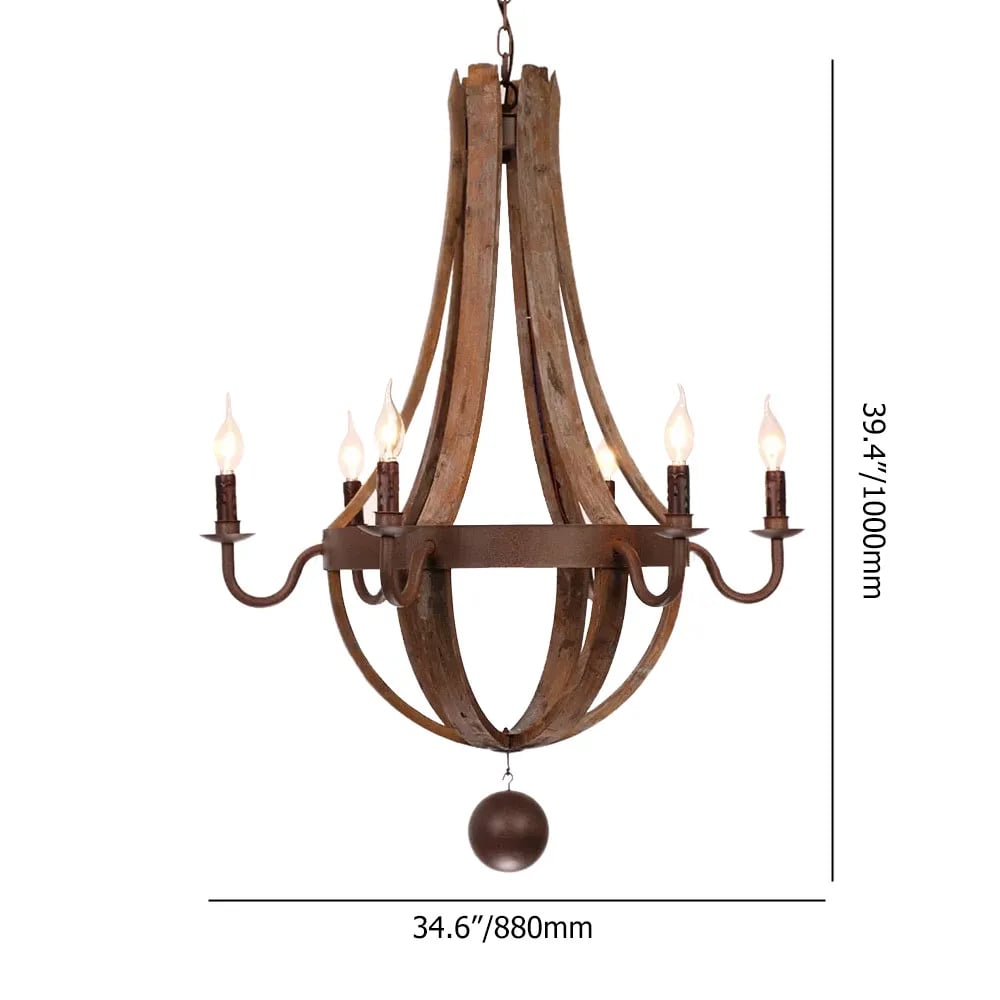 Rustic Wine Barrel Stave Reclaimed Wood & Rust Metal 6-Light Chandelier with Candle Light weights dimensions image