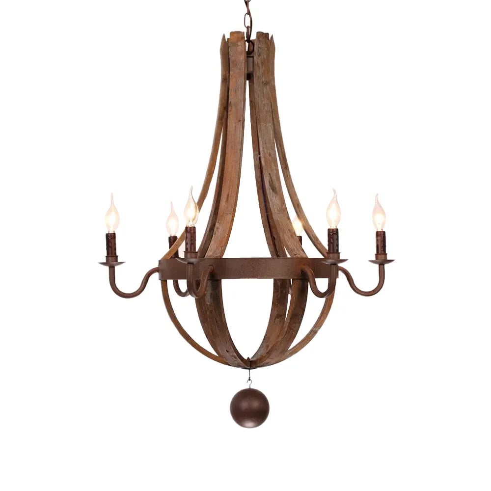 Rustic Wine Barrel Stave Reclaimed Wood & Rust Metal 6-Light Chandelier with Candle Light window image