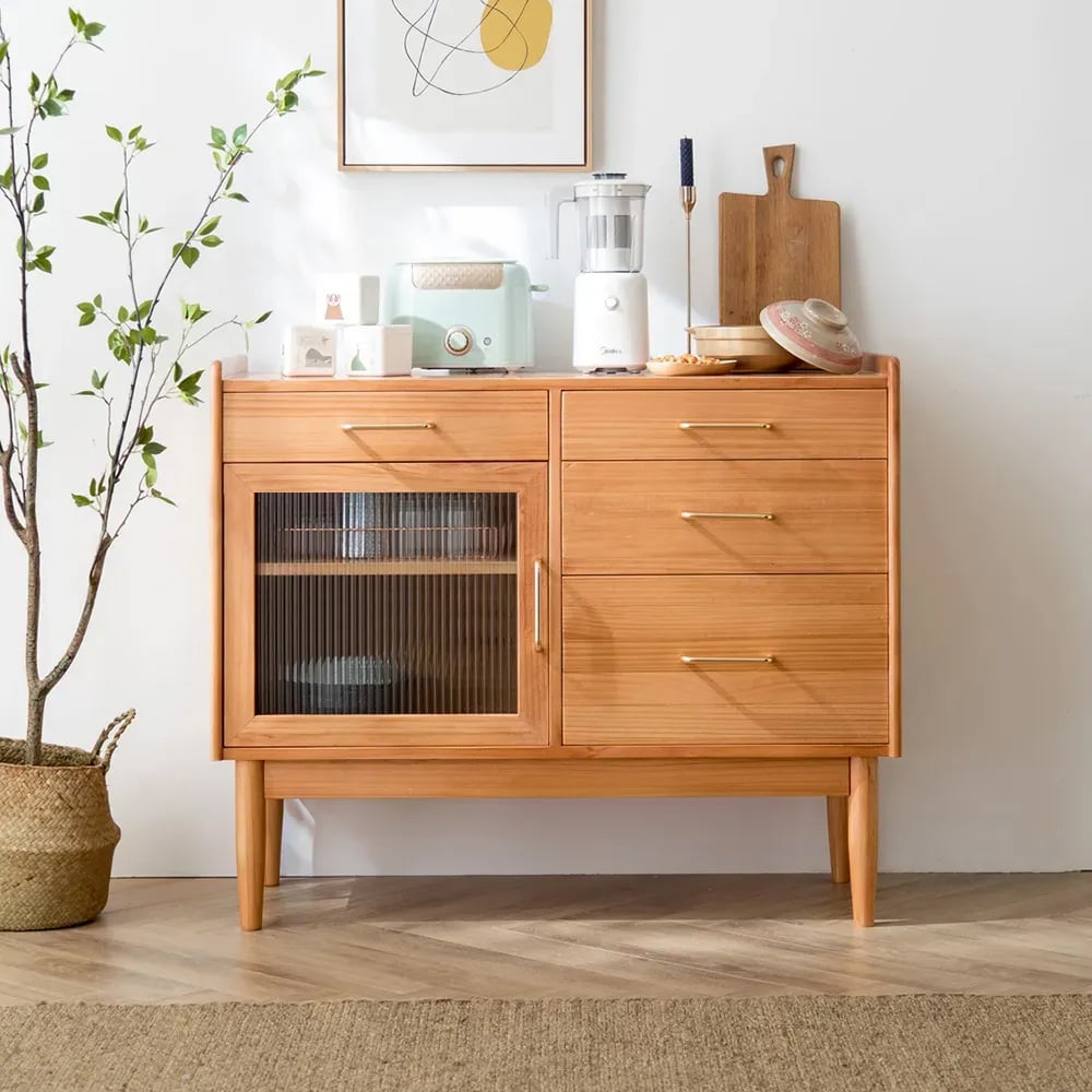 Prosy Nordic Natural Wood Dressoir met glazen deuren en 4 laden en verstelbare plank Vensterafbeelding