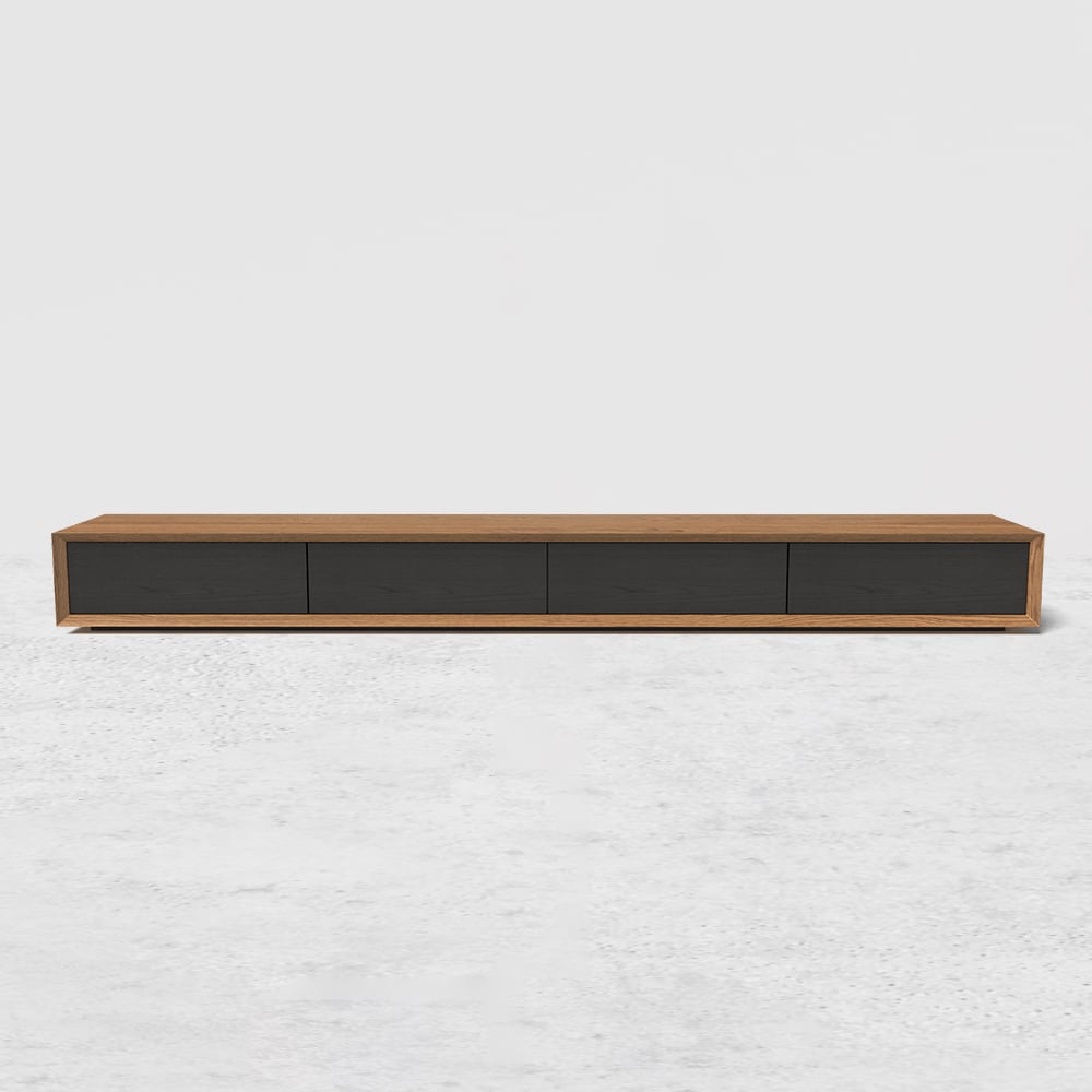 Armário de TV Morami com 4 gavetas de 220 cm em nogueira e preto Imagem da janela