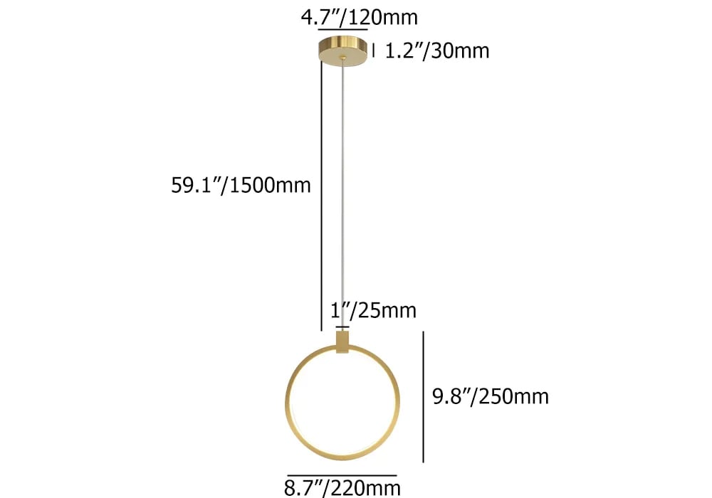 Modern Single LED Pendant Light Brass Ringed Hanging Light in Gold weights dimensions image