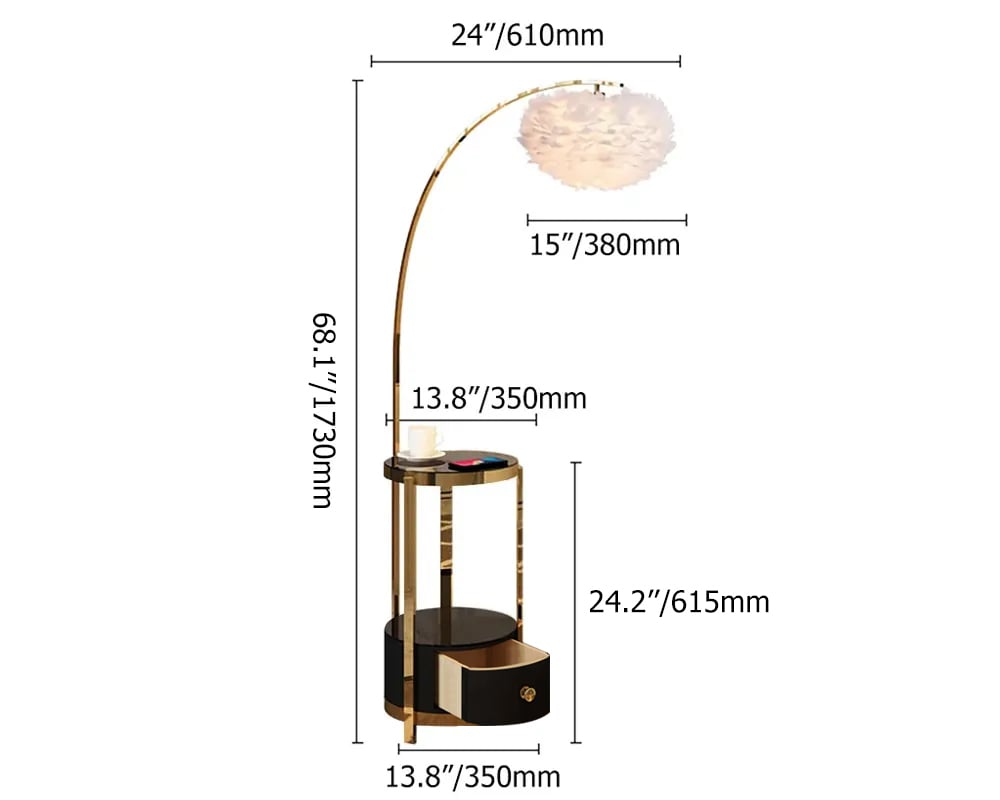 Feather Overarching Floor Lamp End Table with Wireless Charging & USB Port weights dimensions image