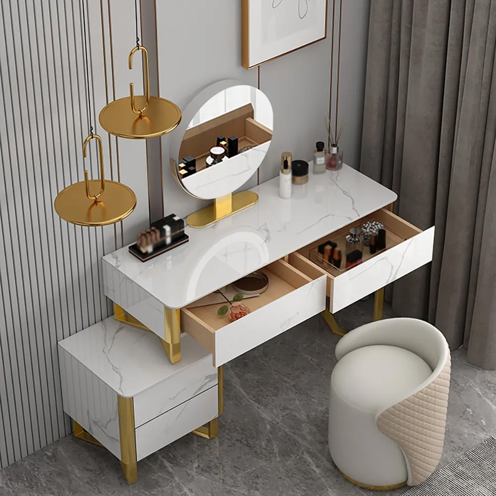 Modern White Makeup Vanity Set with Sintered Stone Top & Cabinet Mirror & Stool Included window image