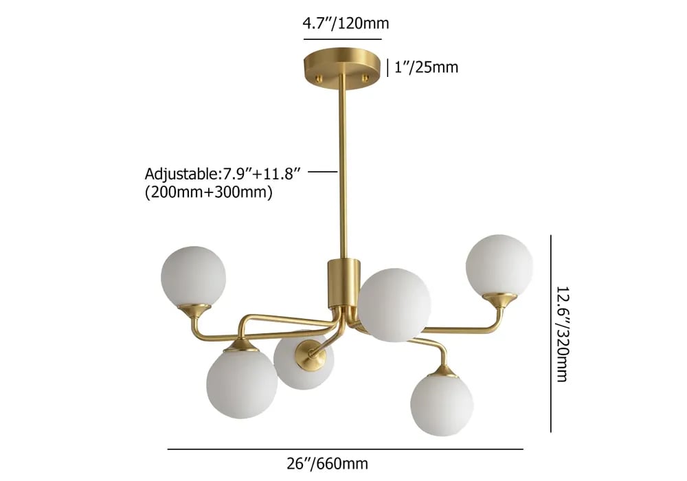 Modern Brass Sputnik Chandelier 6-Light with Glass Shade for Living Room weights dimensions image