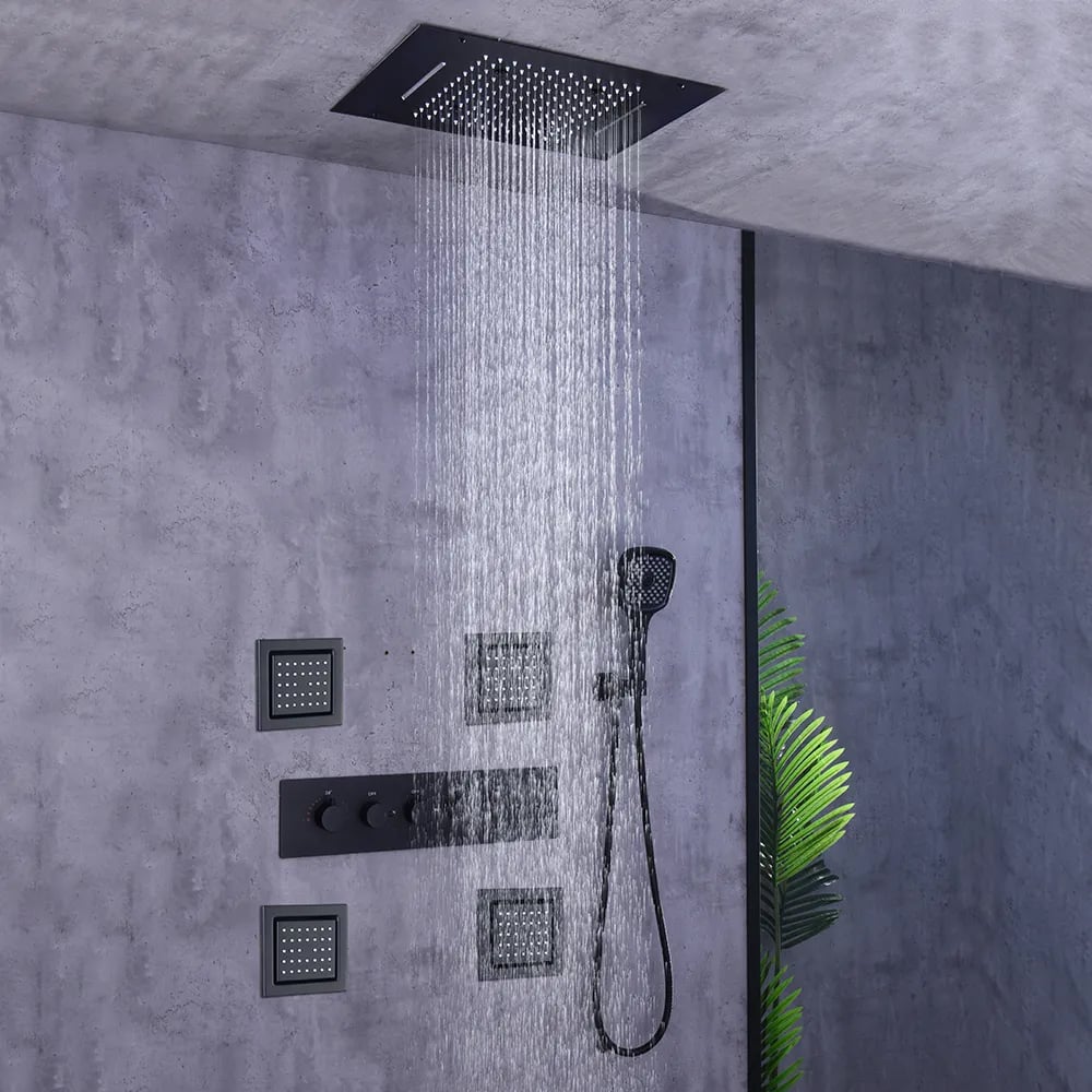 20'' Wall-Mounted Thermostatic Shower System with 4 Body Jets & Waterfall Rain in Black