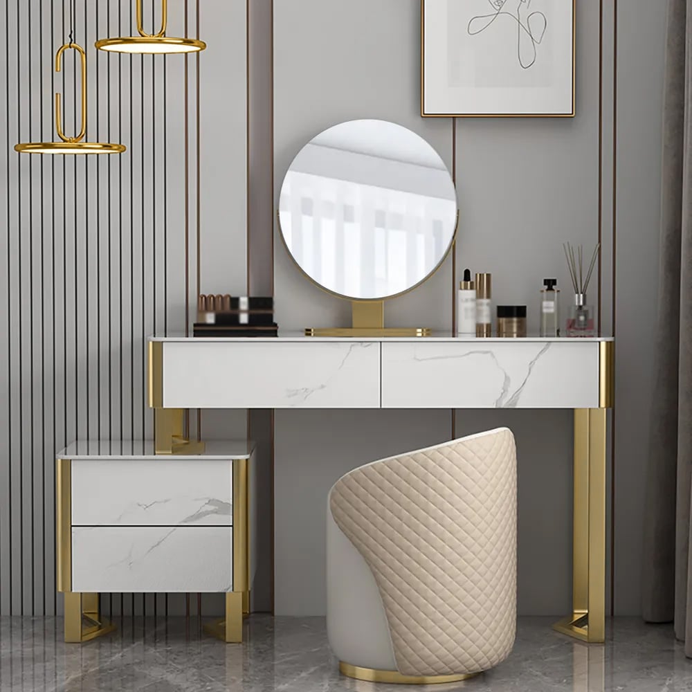 Modern White Makeup Vanity Set with Sintered Stone Top & Cabinet Mirror & Stool Included window image