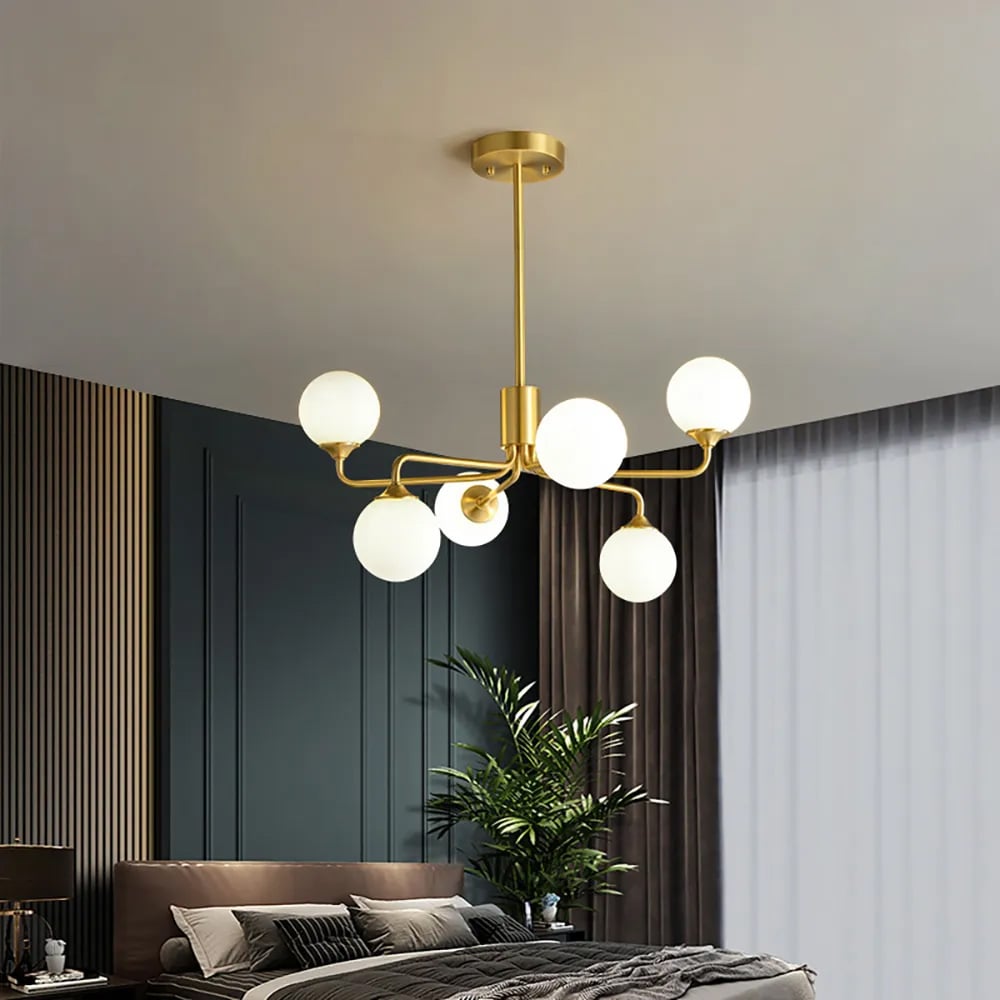 Modern Brass Sputnik Chandelier 6-Light with Glass Shade for Living Room window image