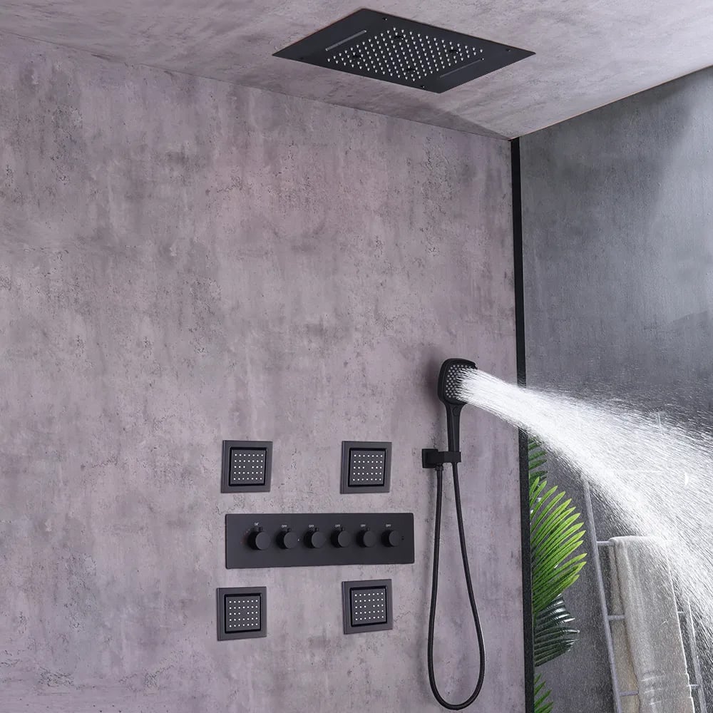 20'' Wall-Mounted Thermostatic Shower System with 4 Body Jets & Waterfall Rain in Black