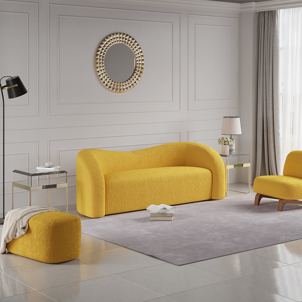 Modern 2300mm Yellow Boucle Upholstered Curved 3 Seater Sofa for Living Room window image