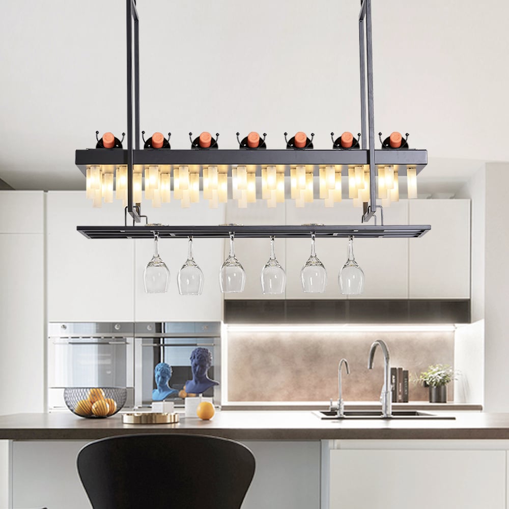 Industrial 56-Light Metal Island Pendant Light with Wine Rack Kitchen Bar window image