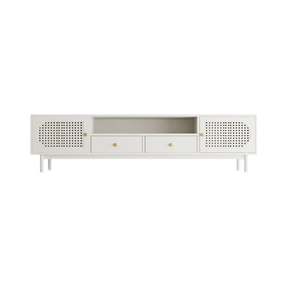 Japandi Rattan Wood TV Stand with 2 Drawers & Doors in Off White for TV up to 2032mm