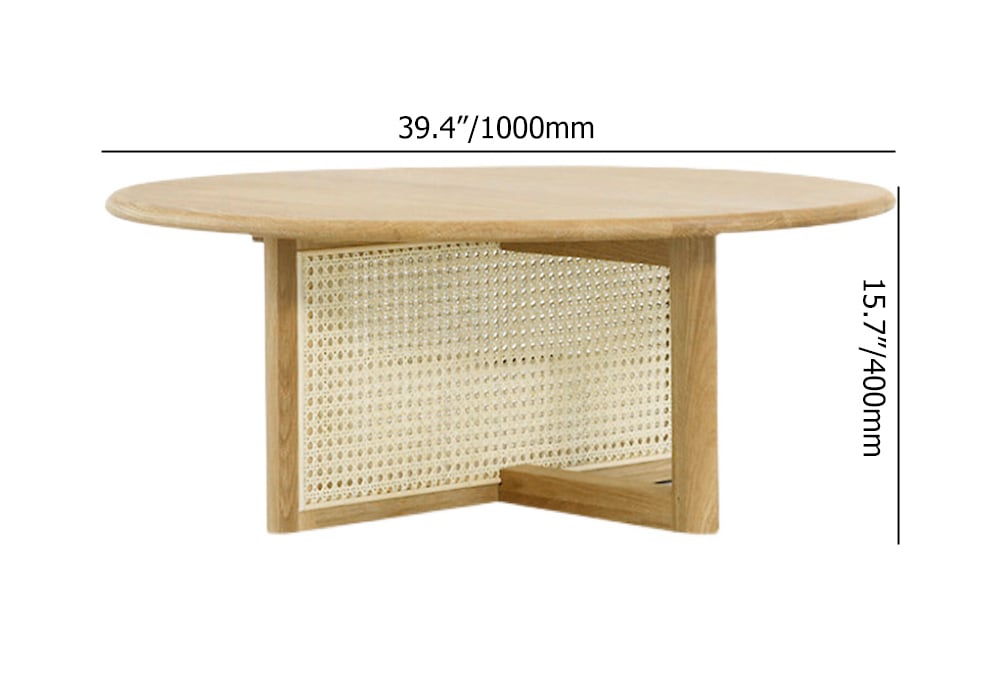 39.4" Modern Round Pine Wood and Rattan Coffee Table in Natural weights dimensions image