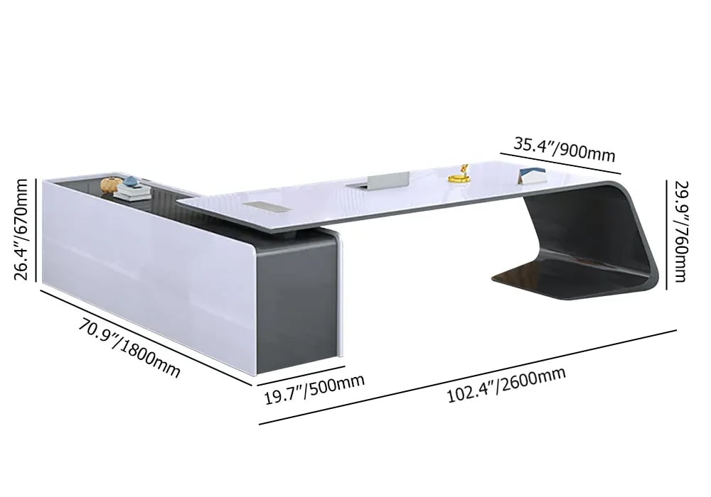 Bureau de bureau moderne blanc en forme de L à gauche avec rangement Poids, dimensions, image