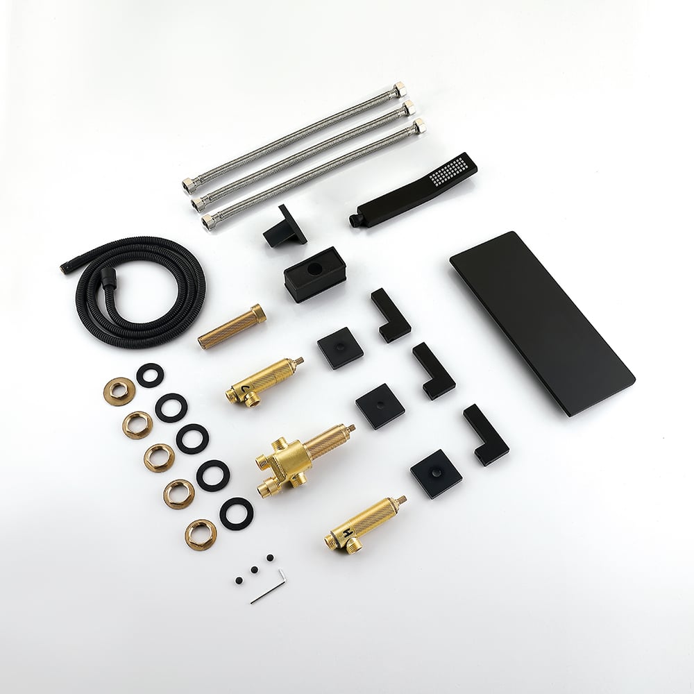 Modern Waterfall Bathtub Faucet Deck Mounted Tub Filler with Handshower in Black window image