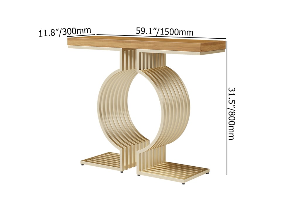 Table console étroite moderne de 1500 mm avec base en métal géométrique Table d'entrée en noyer Poids, dimensions, image
