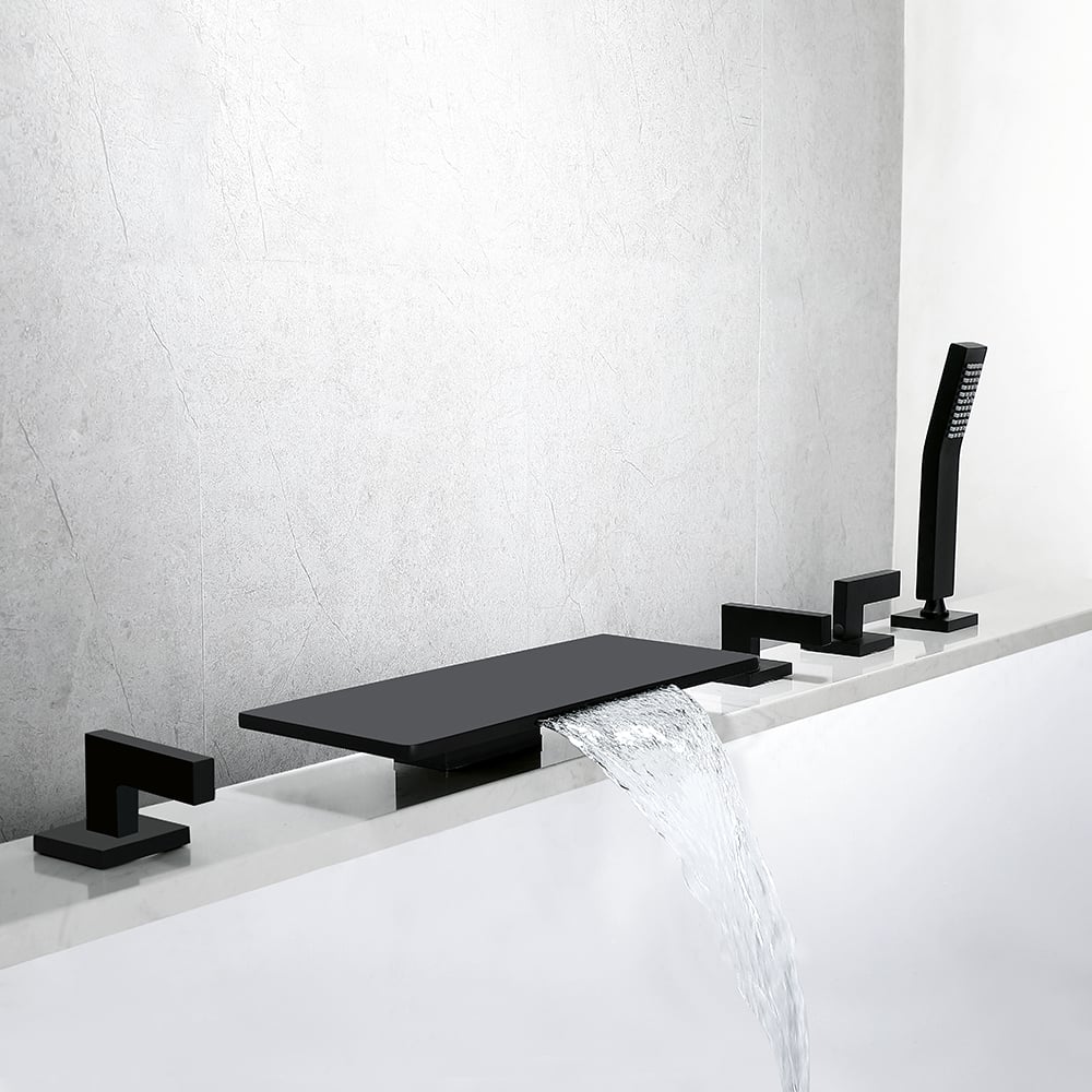 Modern Waterfall Bathtub Faucet Deck Mounted Tub Filler with Handshower in Black window image
