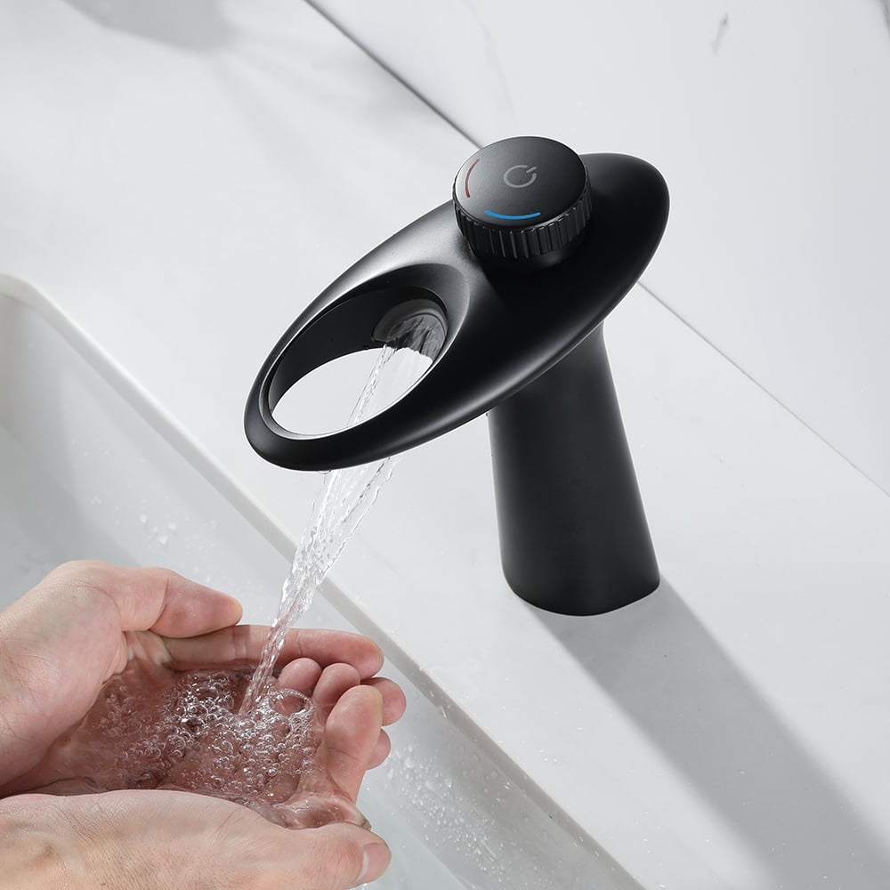 Grifo moderno para lavabo de baño con cascada, perilla única, orificio único, latón macizo gris Imagen de ventana