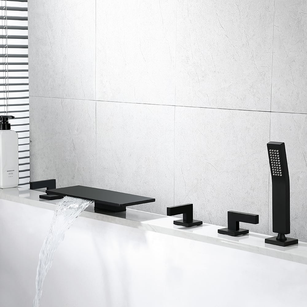 Modern Waterfall Bathtub Faucet Deck Mounted Tub Filler with Handshower in Black window image