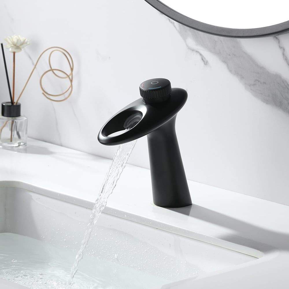Grifo moderno para lavabo de baño con cascada, perilla única, orificio único, latón macizo gris Imagen de ventana