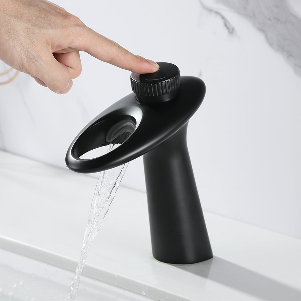 Grifo moderno para lavabo de baño con cascada, perilla única, orificio único, latón macizo gris Imagen de ventana