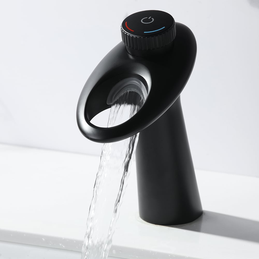 Grifo moderno para lavabo de baño con cascada, perilla única, orificio único, latón macizo gris Imagen de ventana